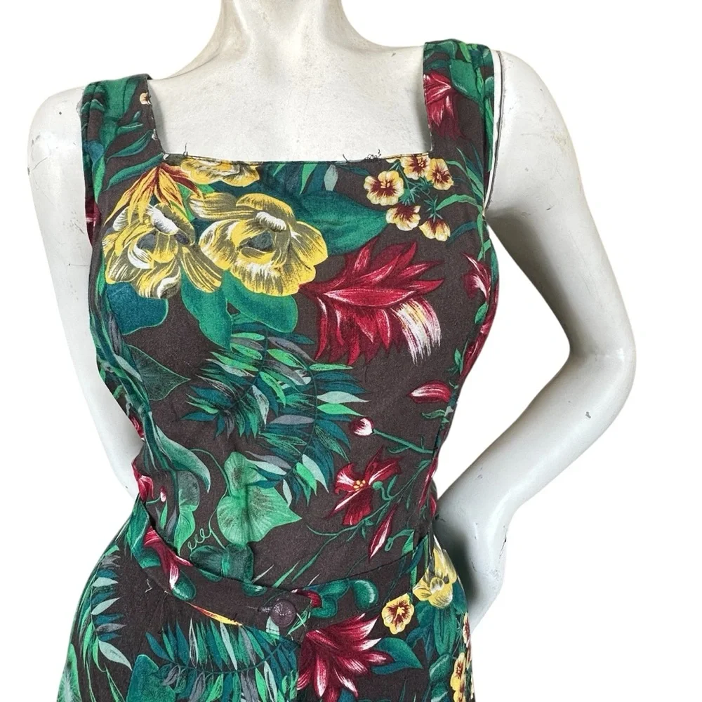 Vintage 90s Tropical Palm Leaf Print Romper Button Down Skirt Front Detail 13/14 - Picture 3 of 13